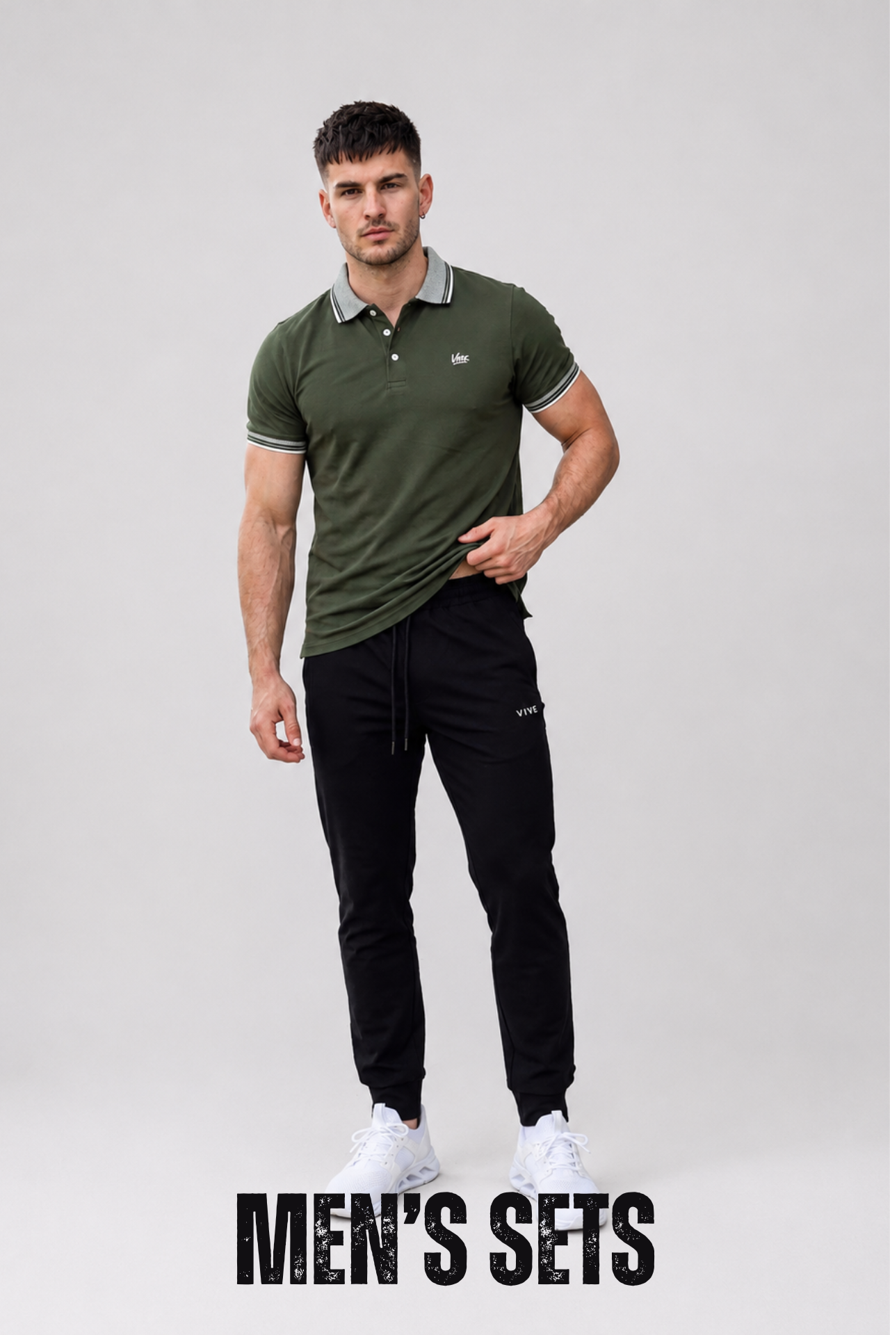VIVE men's streetwear co-ord set featuring a down shoulder cotton jersey graphic T-shirt and loose fit trousers.