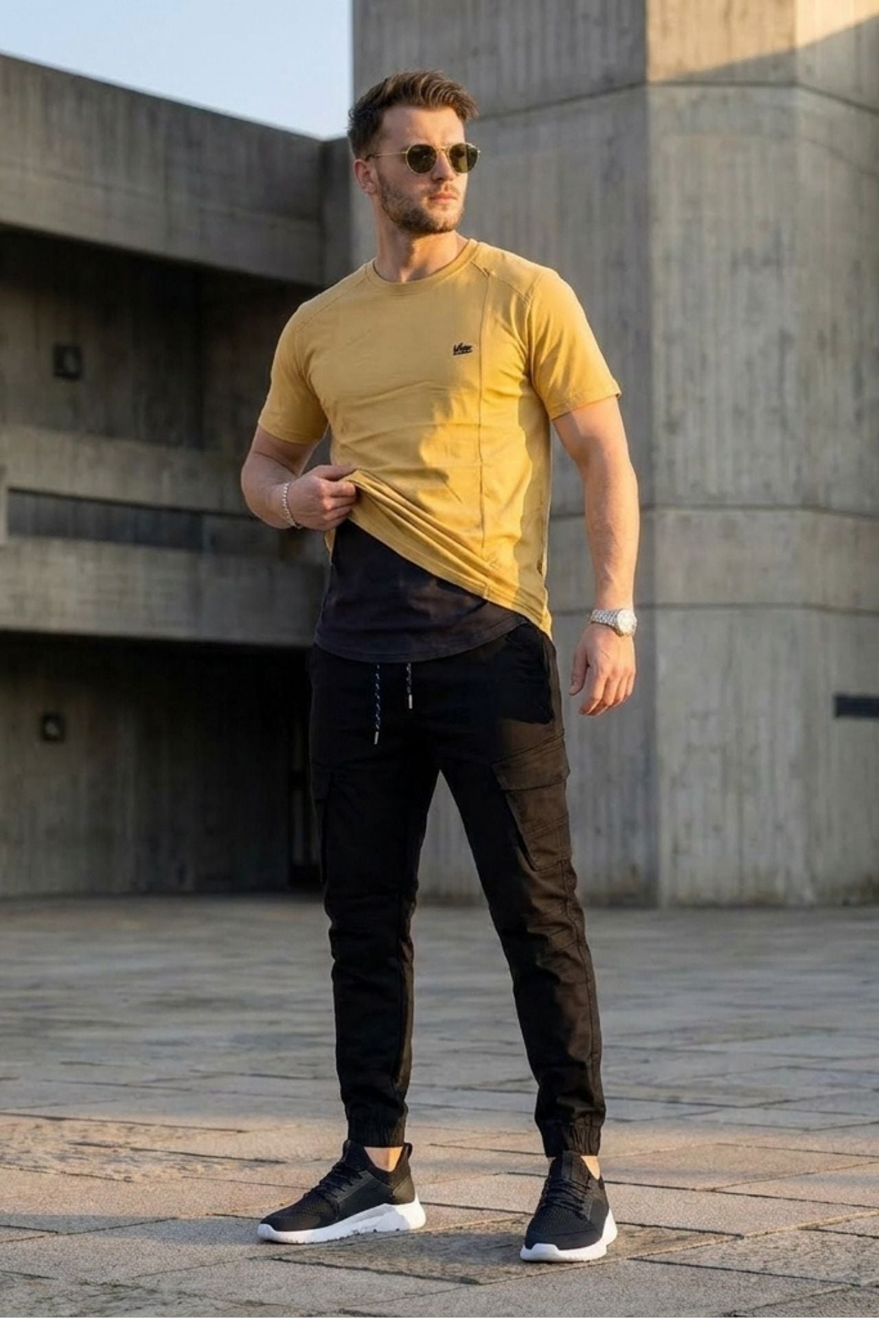 VIVE Signature Embroidered Cargo Set – Beige & Black