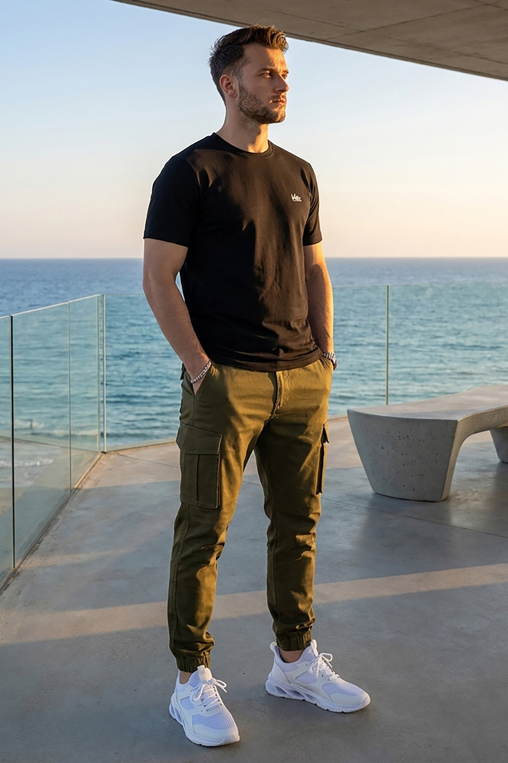 VIVE Signature Embroidered Cargo Set – Black & Olive
