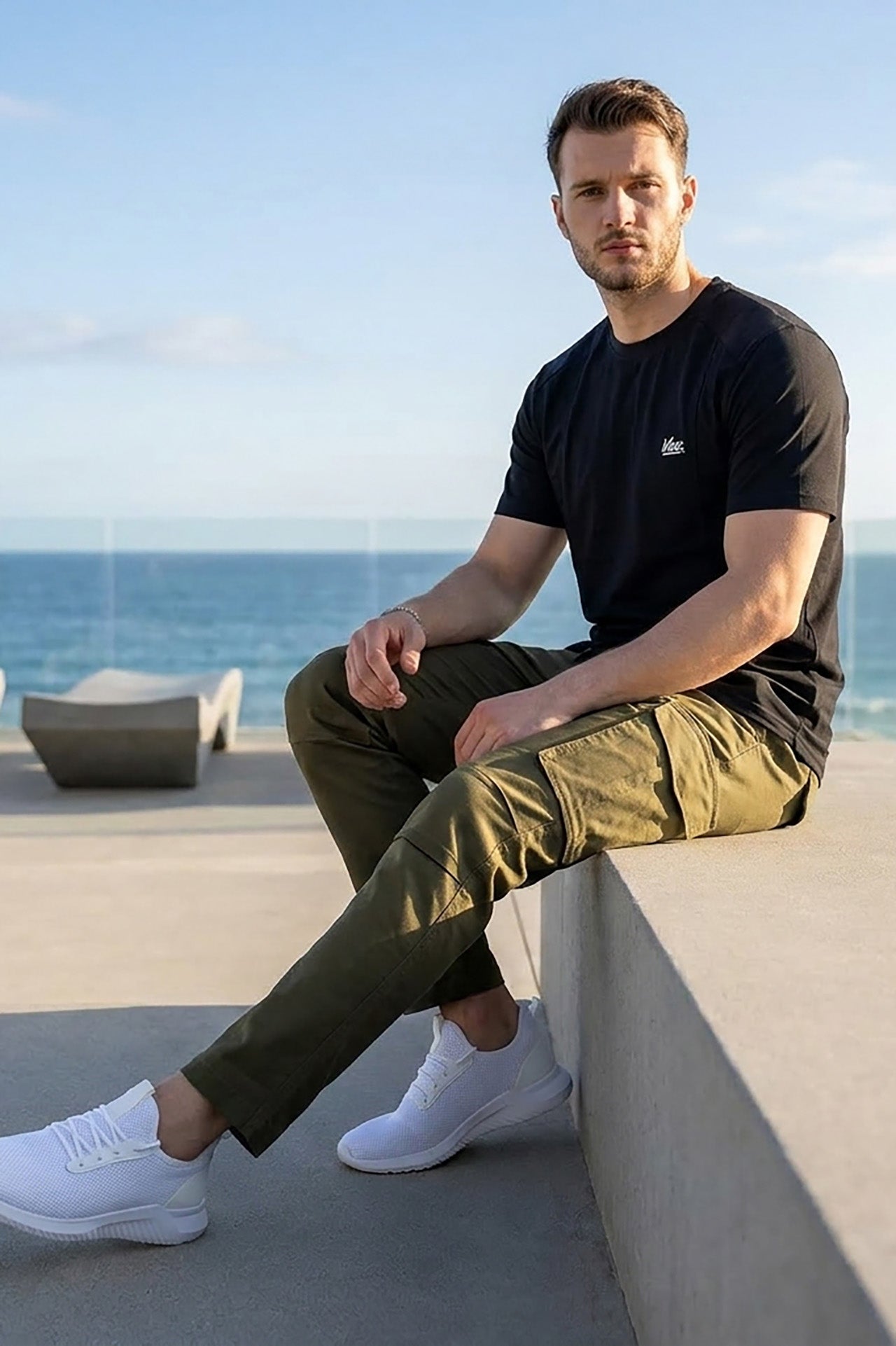 VIVE Signature Embroidered Cargo Set – Black & Olive