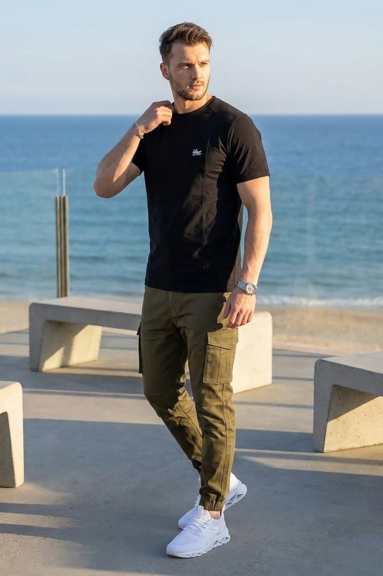 VIVE Signature Embroidered Cargo Set – Black & Olive