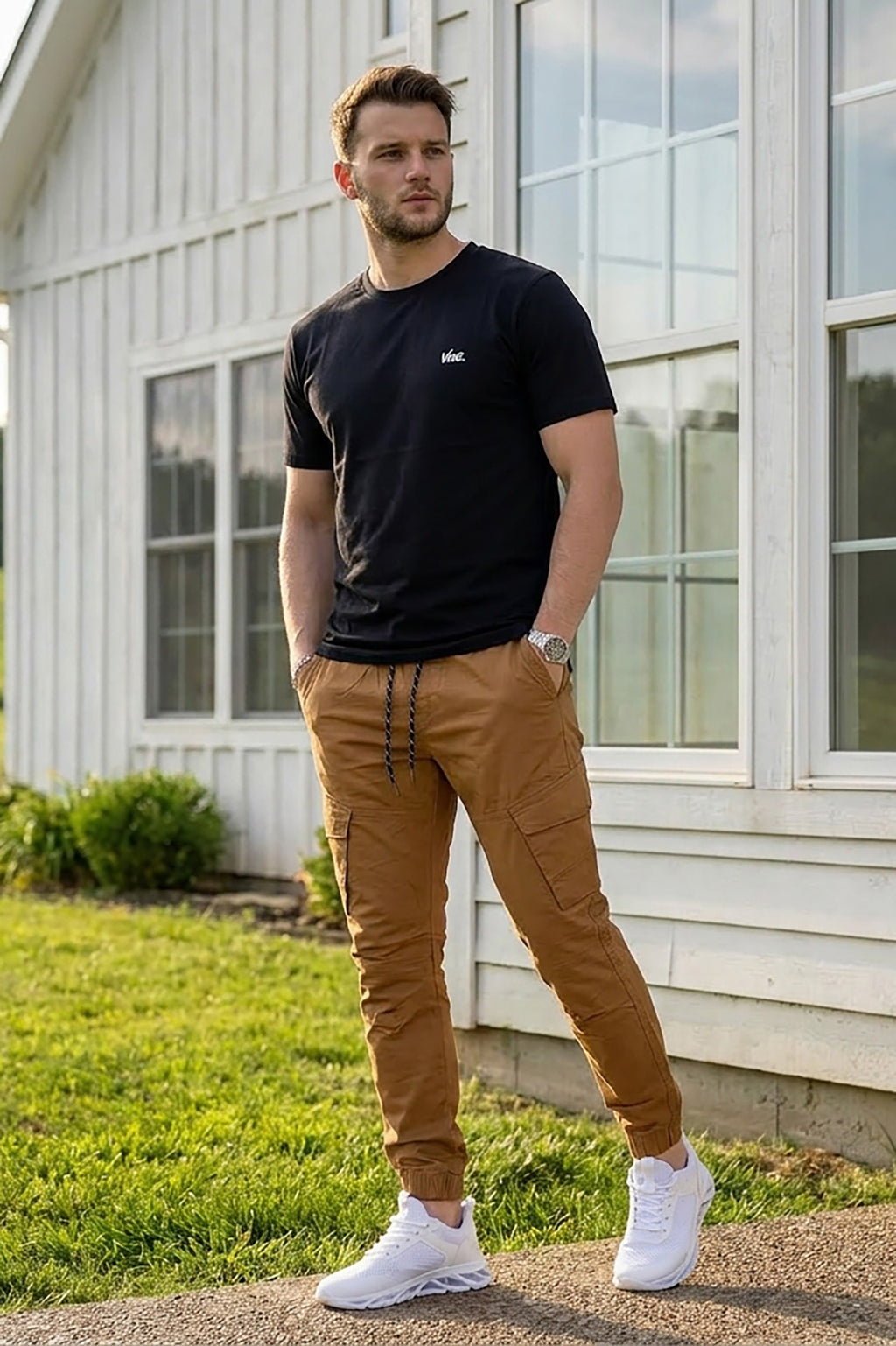 VIVE Signature Embroidered Cargo Set – Black & Camel