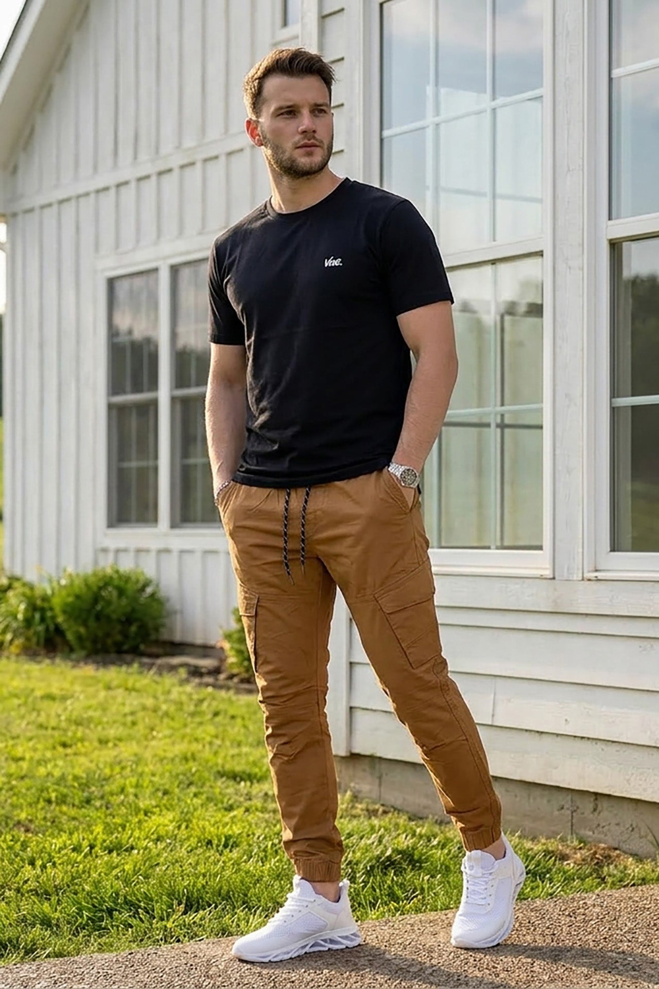 VIVE Signature Embroidered Cargo Set – Black & Camel