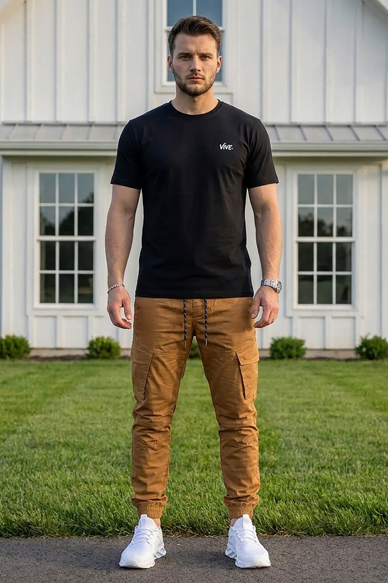 VIVE Signature Embroidered Cargo Set – Black & Camel