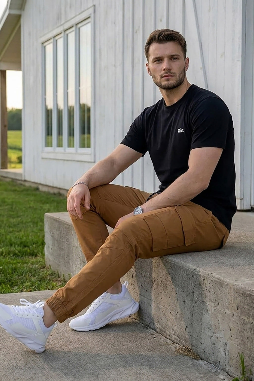VIVE Signature Embroidered Cargo Set – Black & Camel