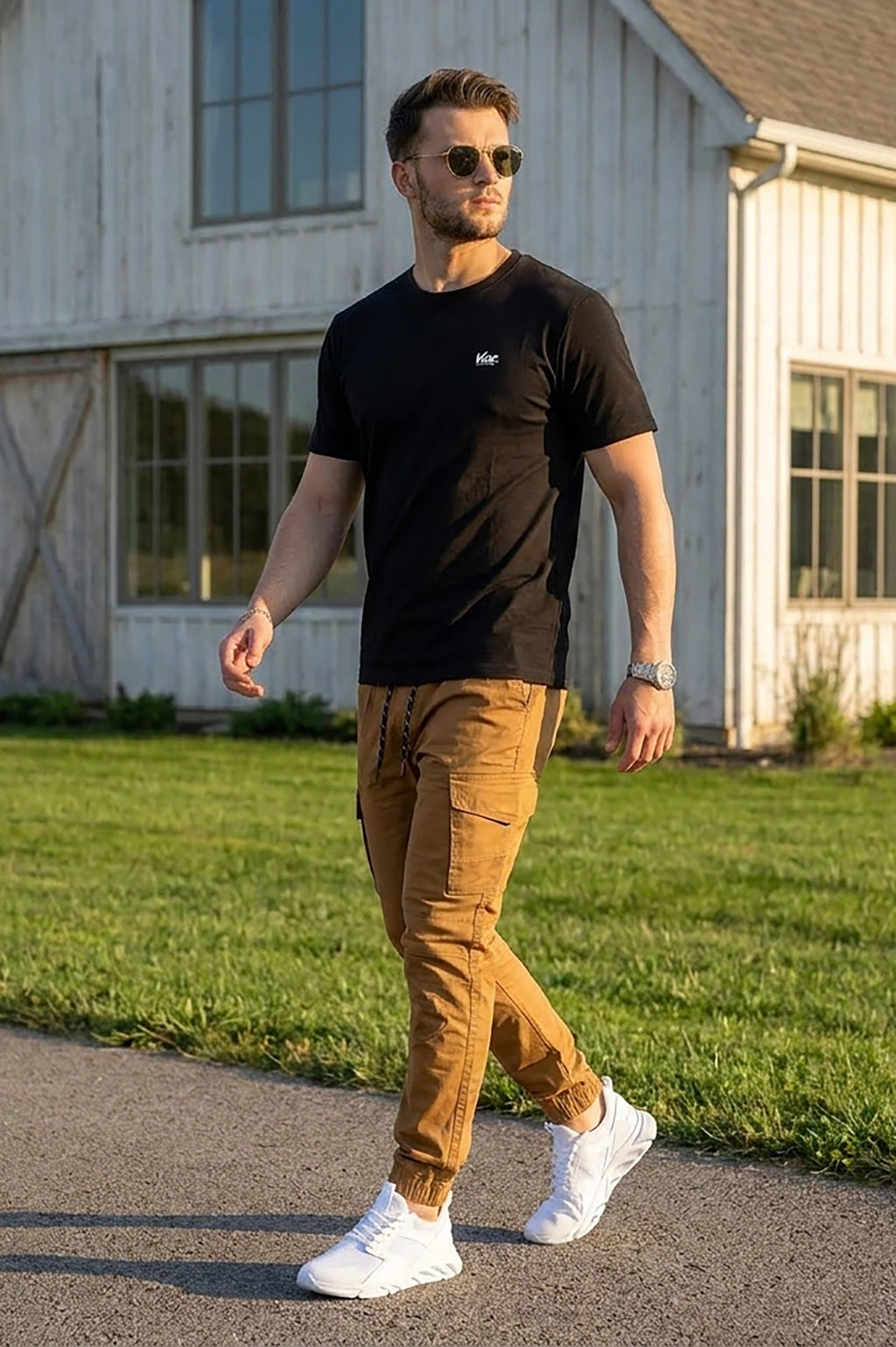 VIVE Signature Embroidered Cargo Set – Black & Camel