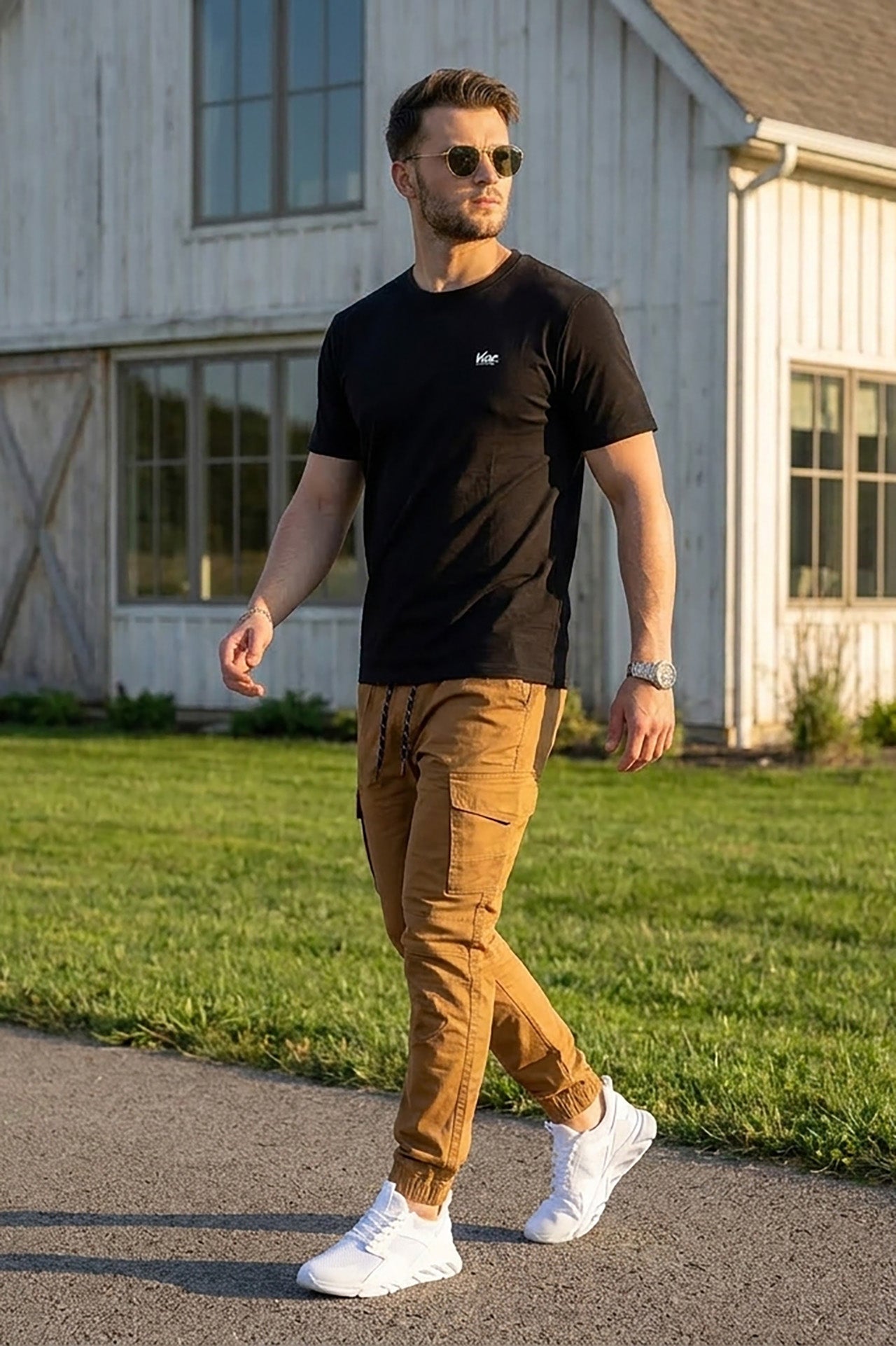 VIVE Signature Embroidered Cargo Set – Black & Camel