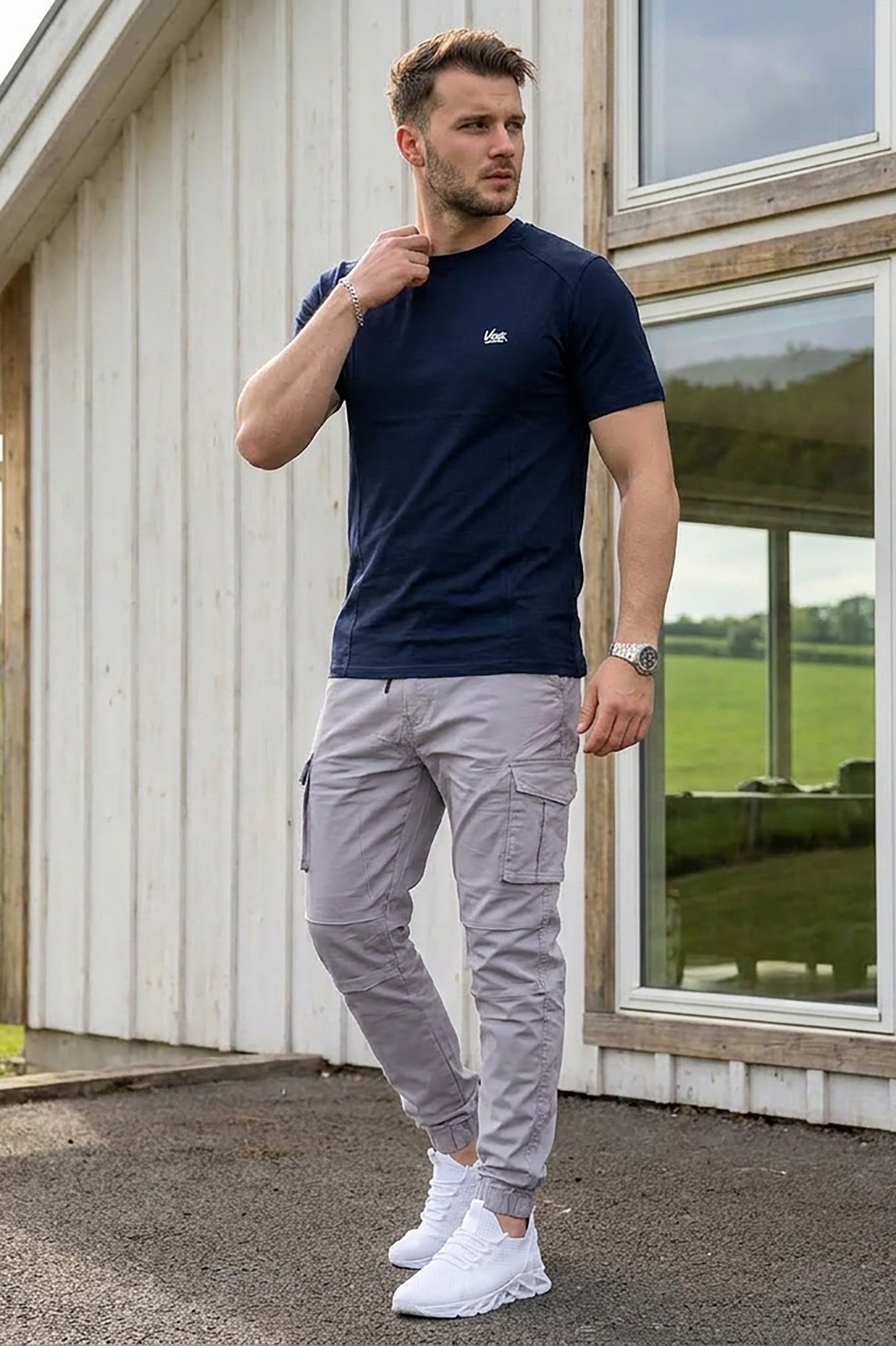 VIVE Signature Embroidered Cargo Set | Navy/Grey