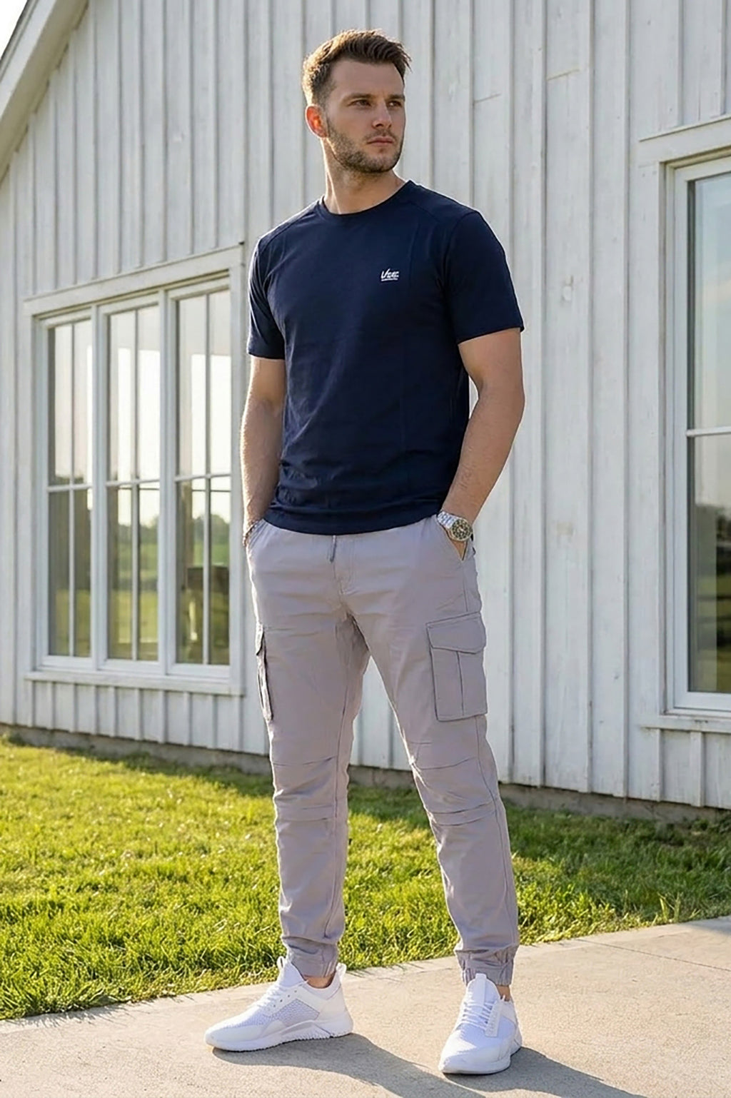 VIVE Signature Embroidered Cargo Set | Navy/Grey