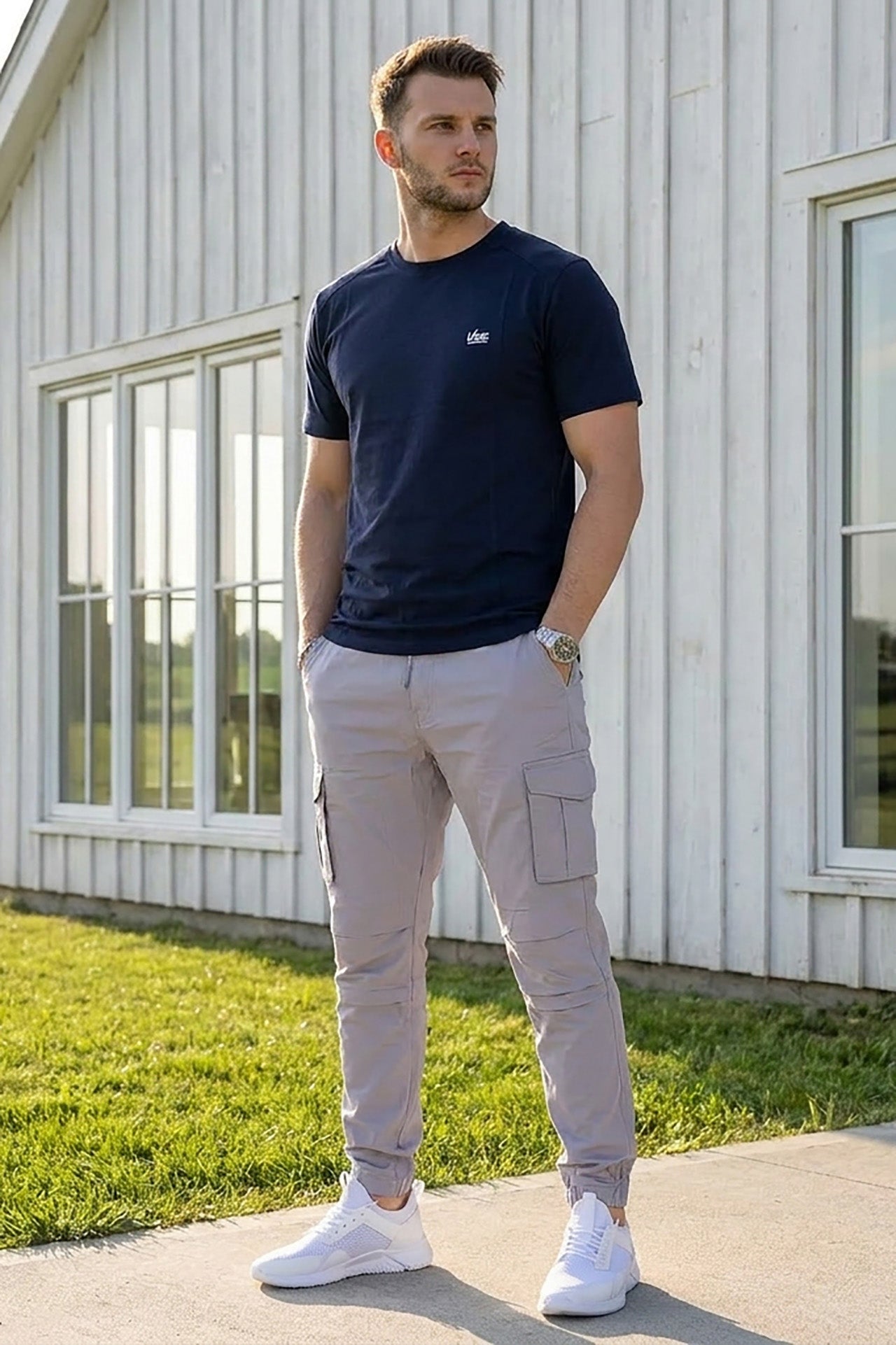VIVE Signature Embroidered Cargo Set | Navy/Grey