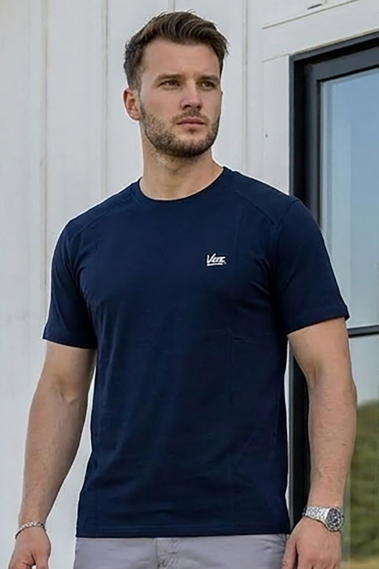 VIVE Navy Blue Seem Detail Cotton T-Shirt