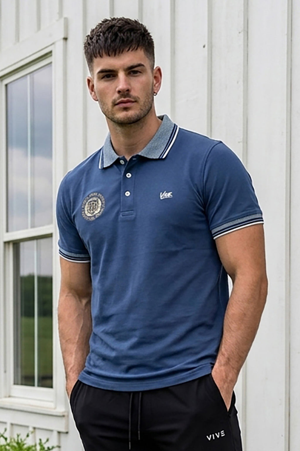 VIVE Embroidered Steel Blue Polo Shirt