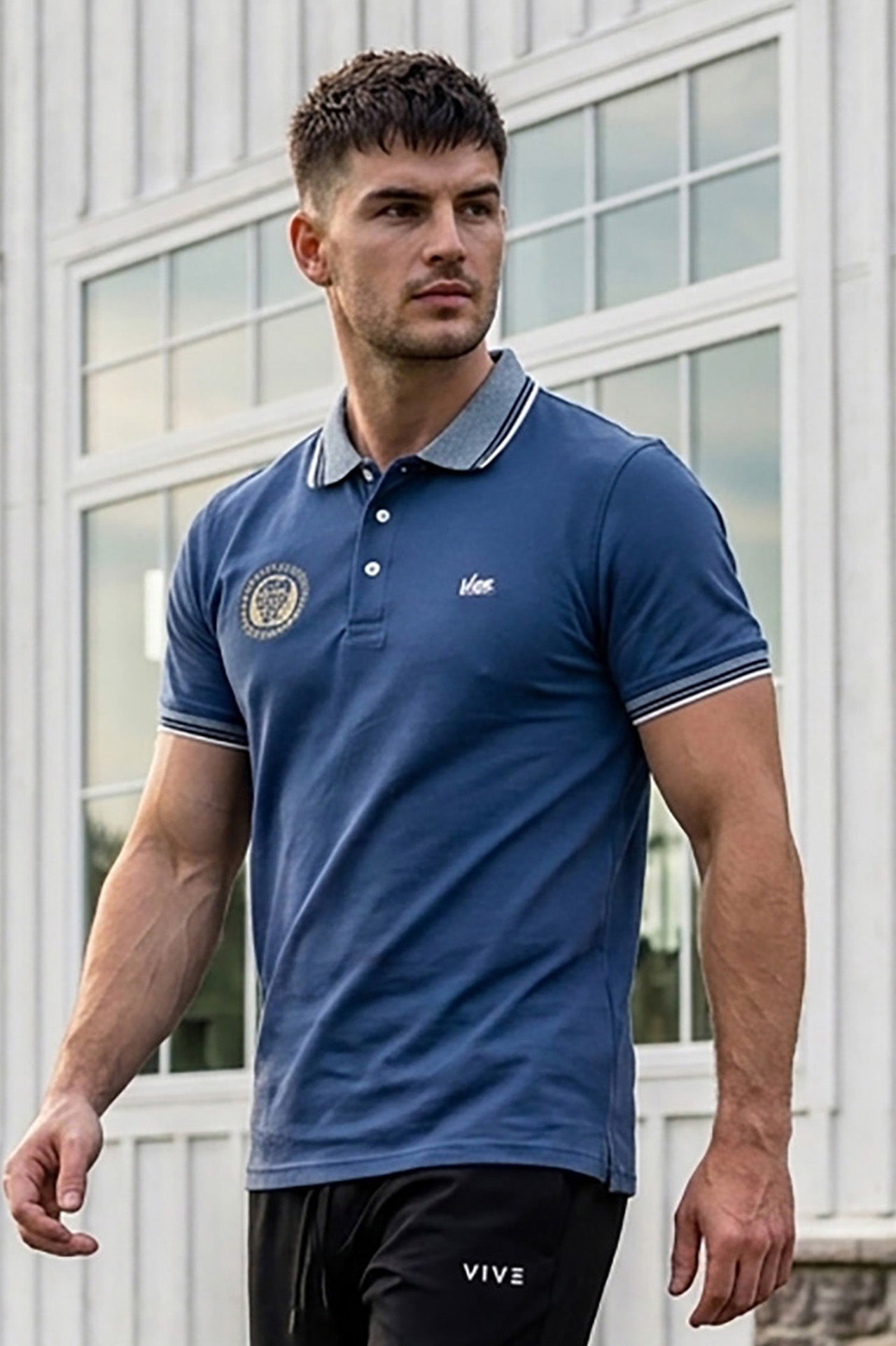 VIVE Embroidered Steel Blue Polo Shirt