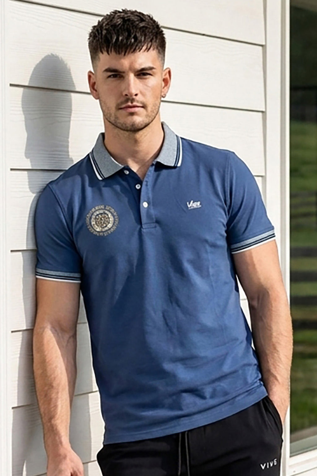 VIVE Embroidered Steel Blue Polo Shirt