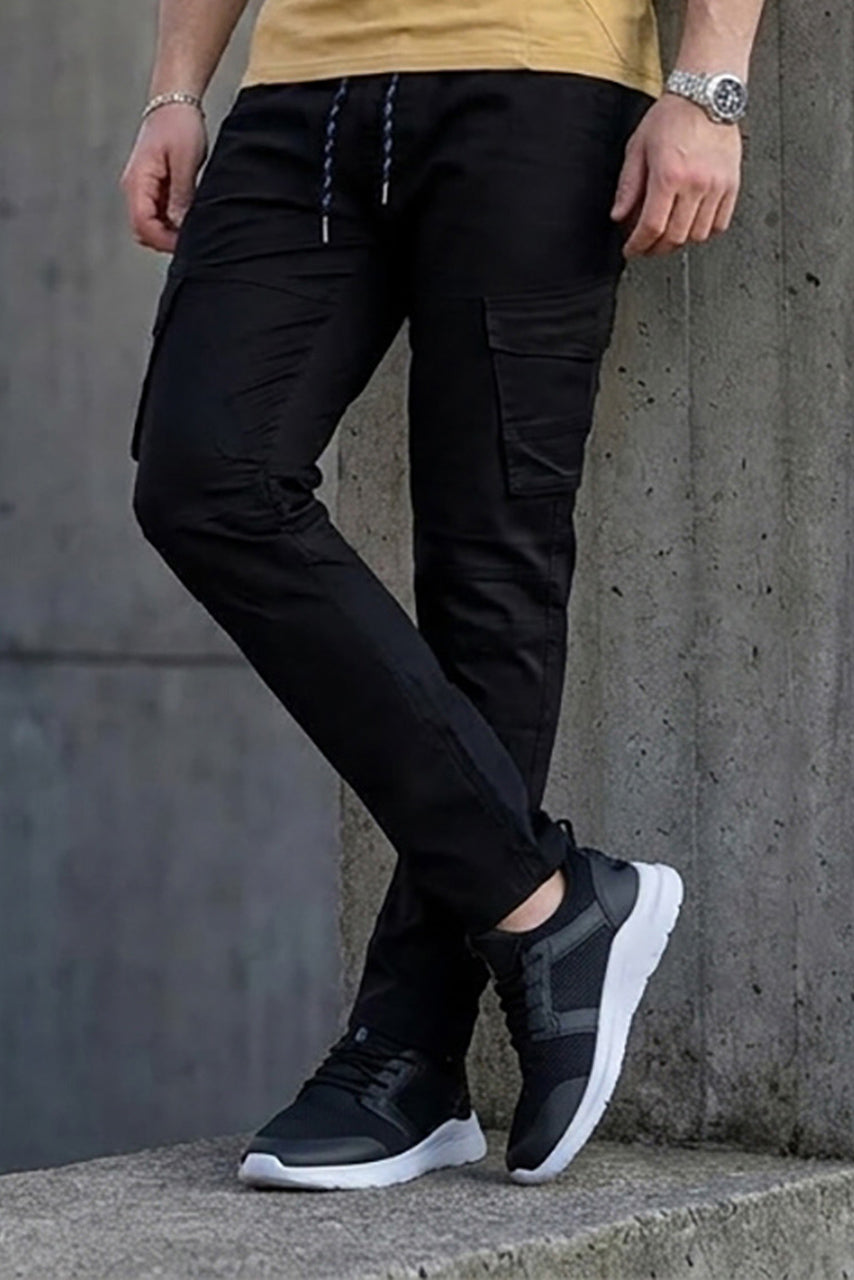 VIVE Black Multi-Pocket Cargo Pant for men made from premium cotton twill with regular fit