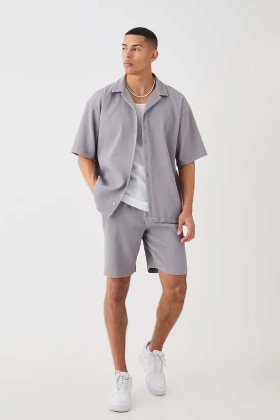 Oversized Short Sleeve Pleated Shirt And Short Set