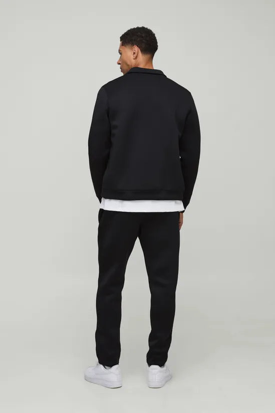 Black Regular Fit Bonded Scuba Harrington Jacket & Jogger Set