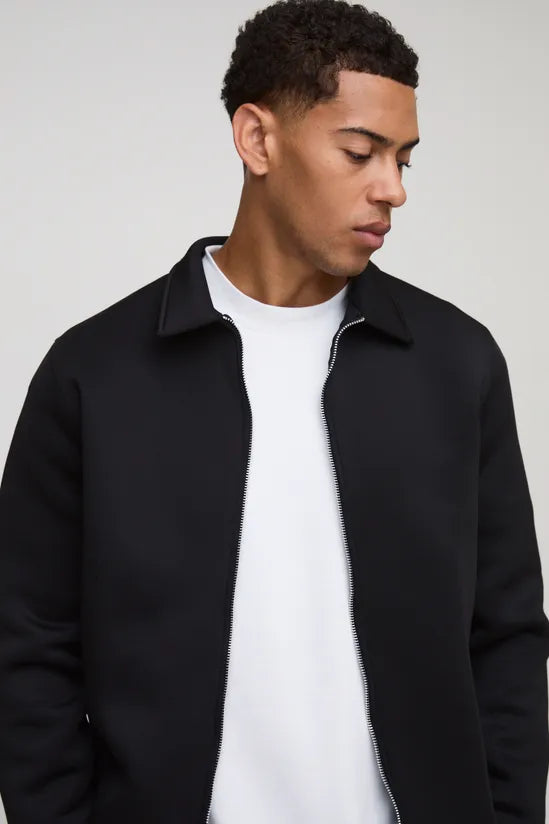 Black Regular Fit Bonded Scuba Harrington Jacket & Jogger Set