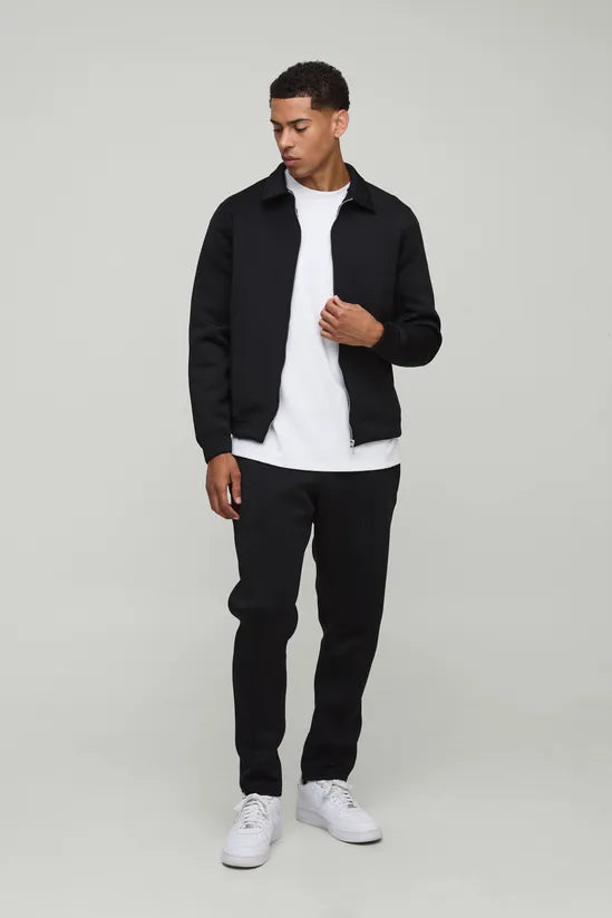 Black Regular Fit Bonded Scuba Harrington Jacket & Jogger Set