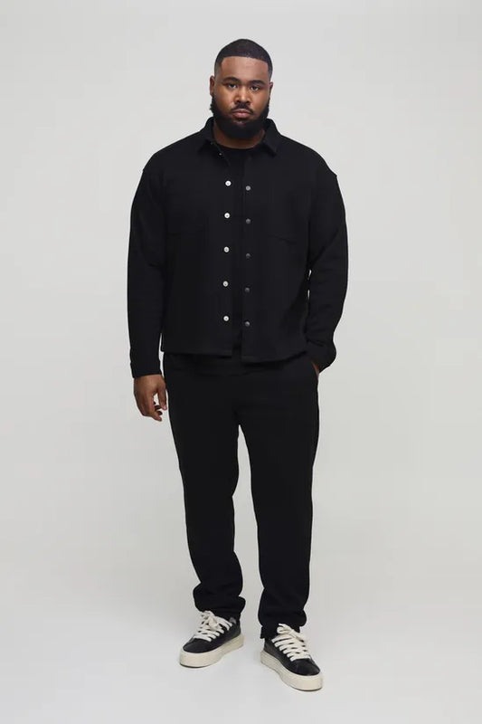 Black Plus Size Textured Over Shirt & Tapered Trouser Set