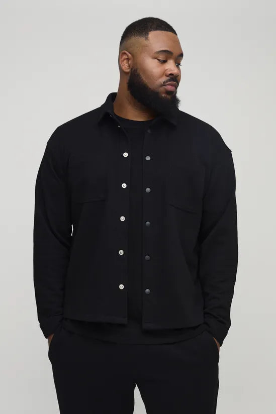 Black Plus Size Textured Over Shirt & Tapered Trouser Set