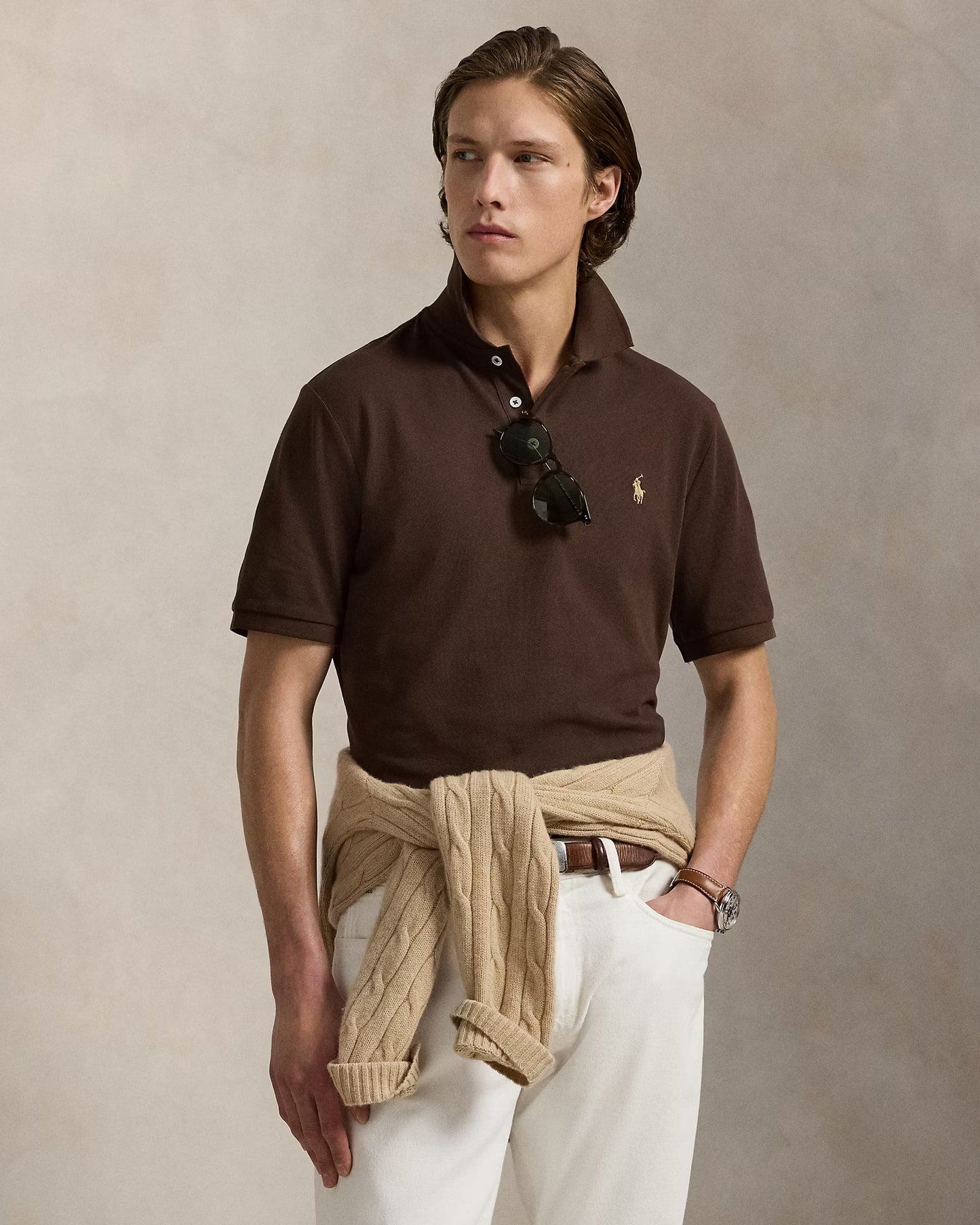 Custom Slim Fit Stretch Mesh Polo Shirt-Brown