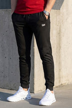 VIVE Black Straight Leg Cotton Terry Trouser for men with functional side zipped pockets