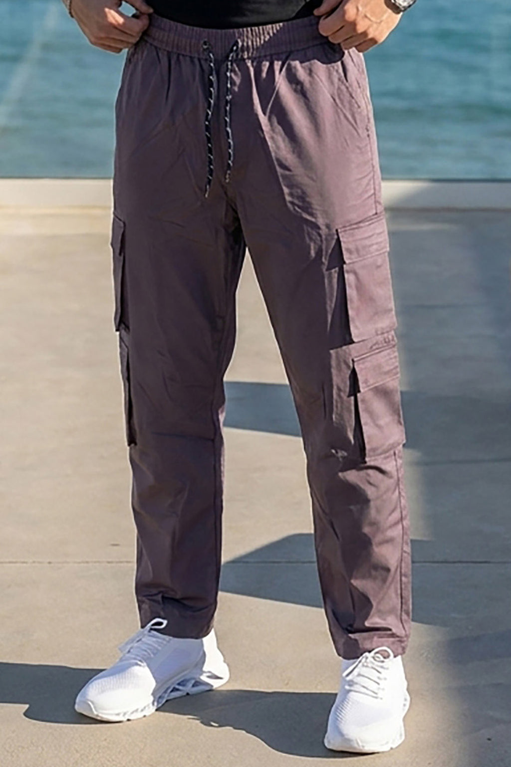 VIVE Charcoal Grey men's multi-pocket cargo pants for casual and streetwear outfits.
