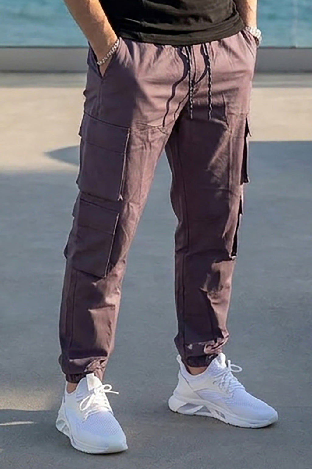 VIVE Charcoal Grey regular fit cargo pant with functional multiple pockets.