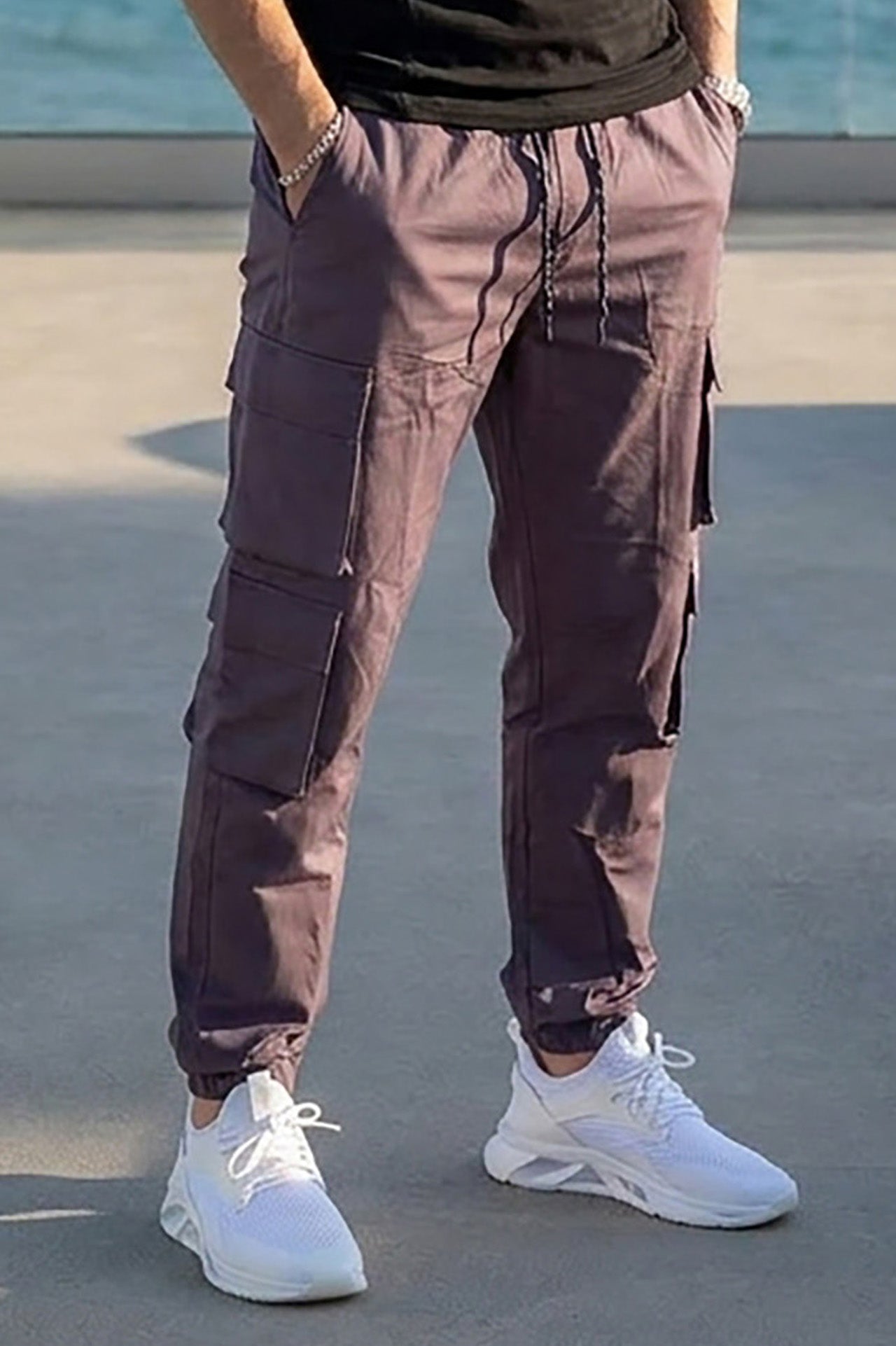 VIVE Charcoal Grey regular fit cargo pant with functional multiple pockets.