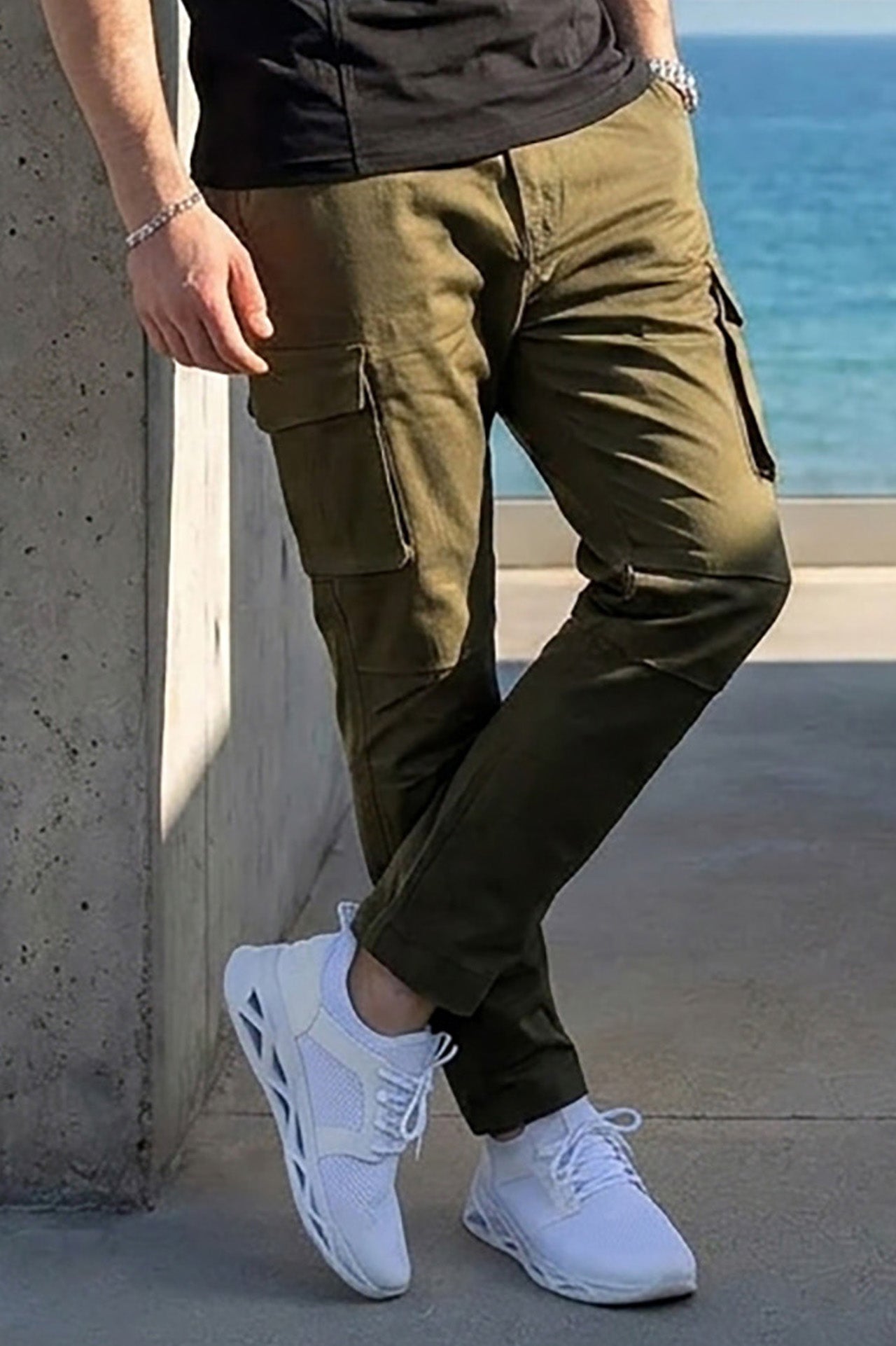 VIVE Olive cotton twill cargo pants available online in Pakistan.