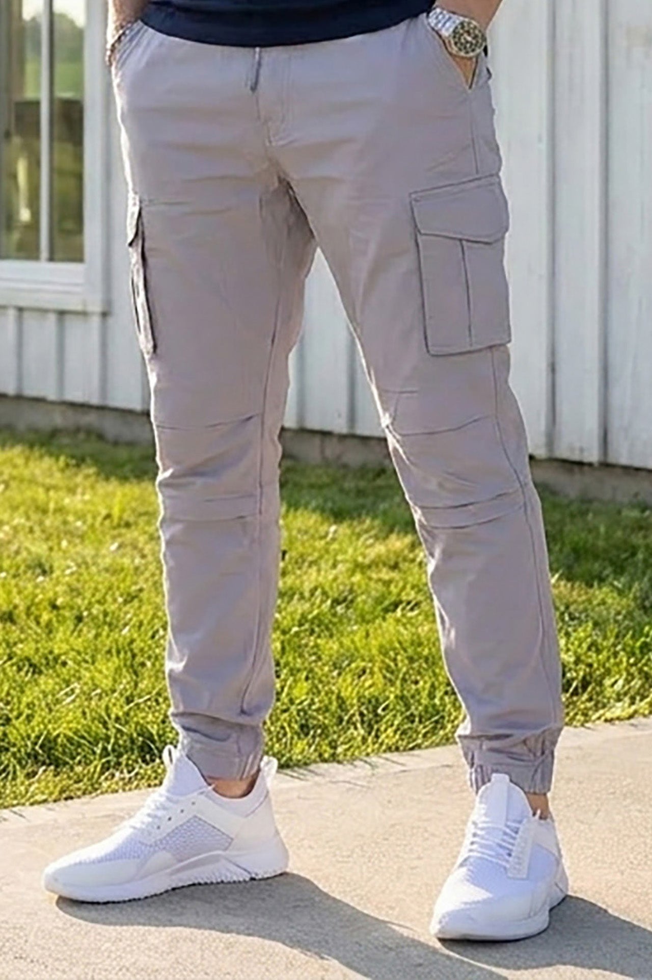 VIVE Silver Grey men's cargo pants made from premium cotton twill fabric.