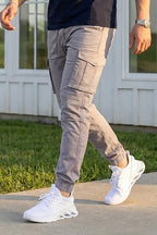 VIVE Silver Grey men's multi-pocket cargo pants for casual and streetwear outfits.
