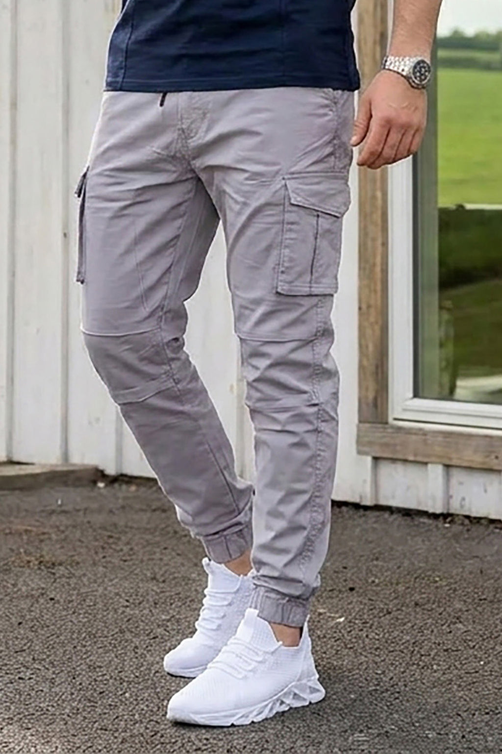 VIVE Silver Grey regular fit cargo pant with functional multiple pockets.