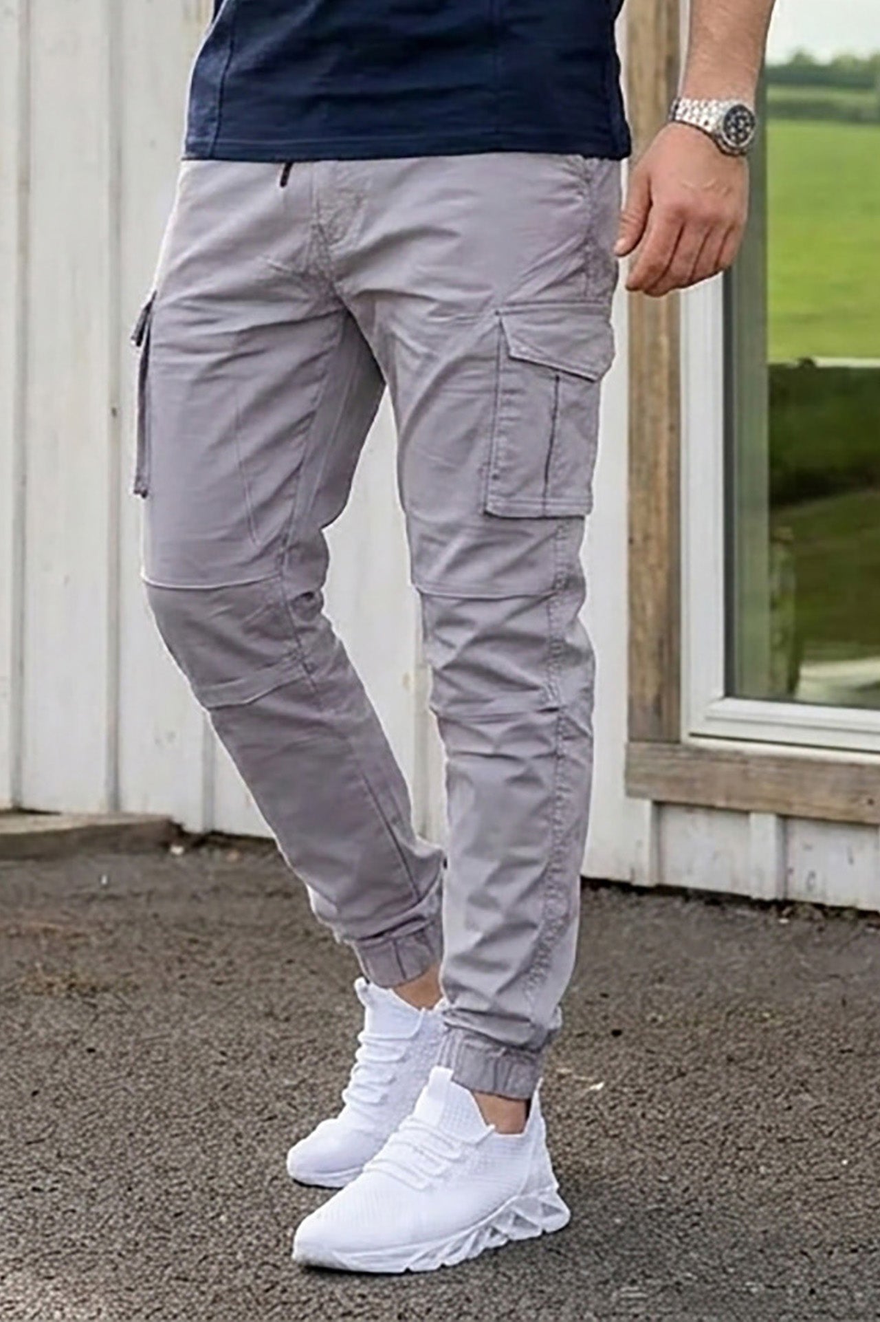VIVE Silver Grey regular fit cargo pant with functional multiple pockets.